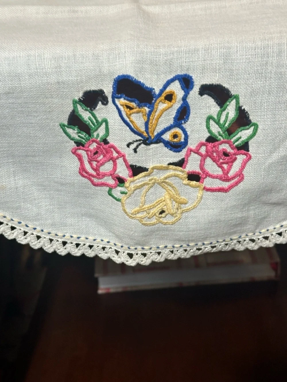 Vintage Embroidered Butterfly & Rose Table Runner -